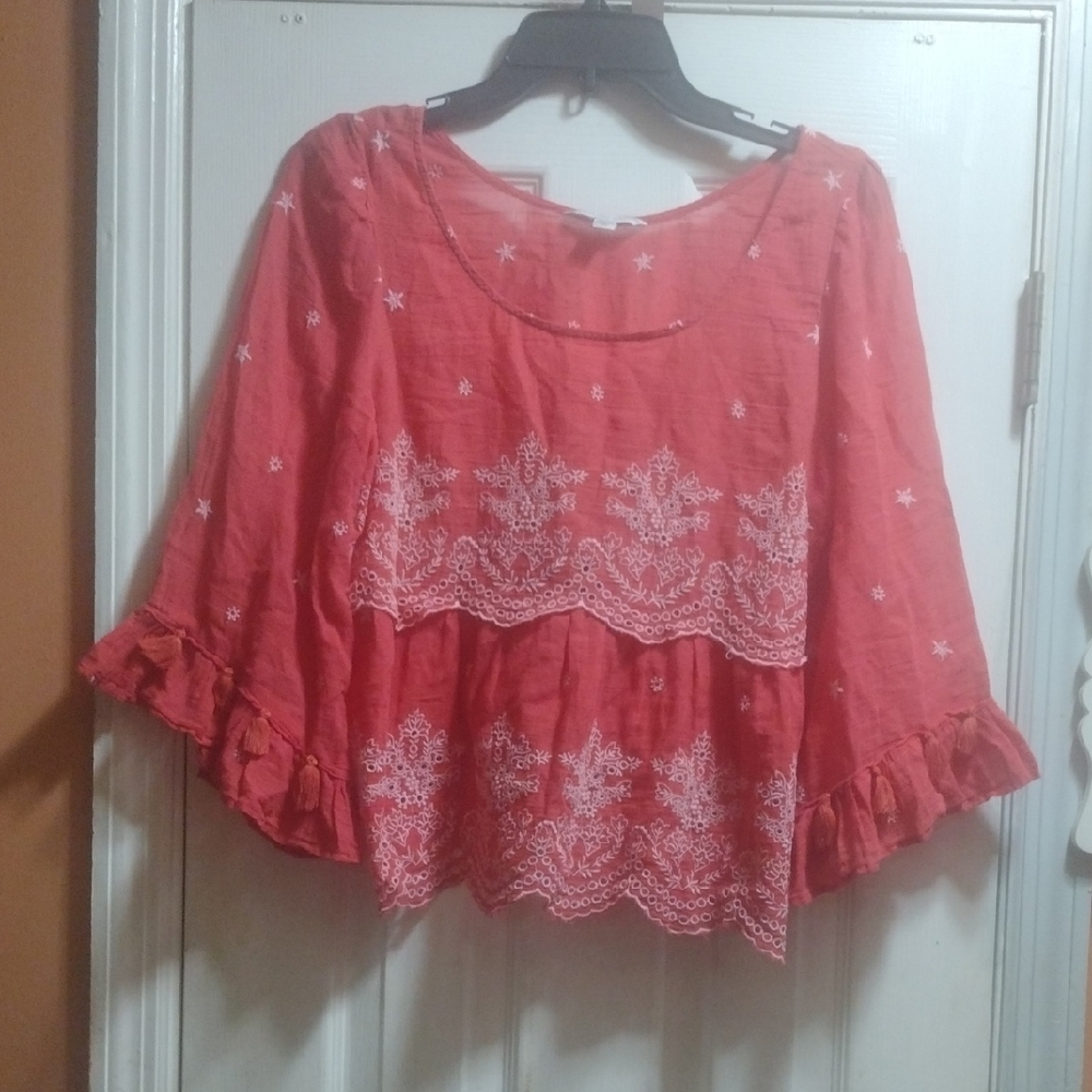 American Eagle Outfitters Red Blouse with White Embroidery